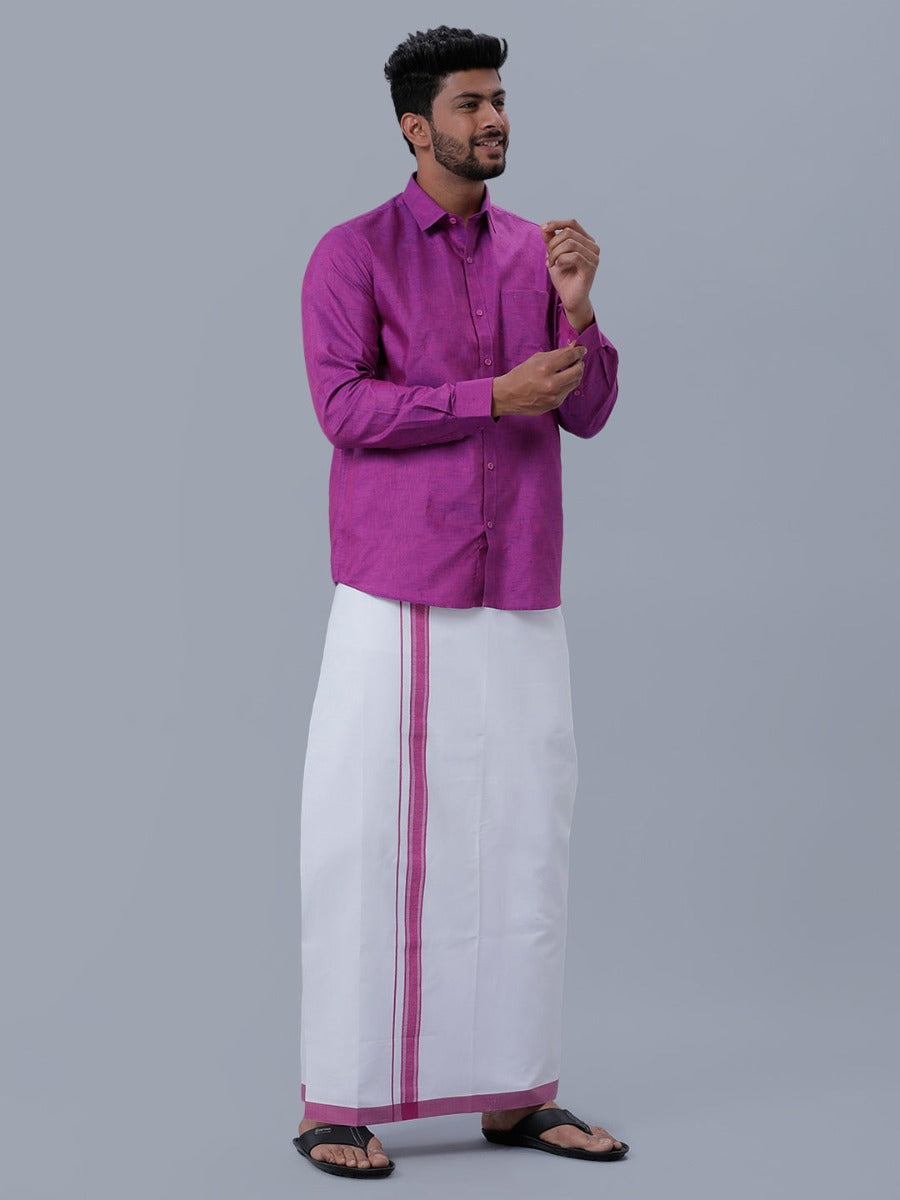 Mens Matching Border Adjustable Dhoti & Full Sleeves Shirt Set C49-Front view