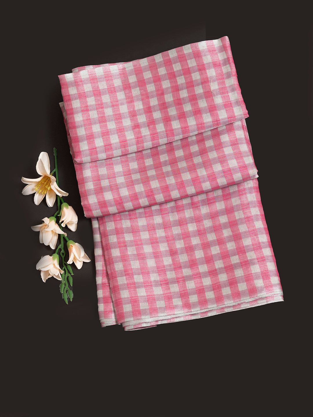 Women Pink Tissue Checked Saree TS01