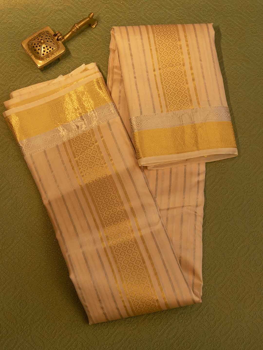 Men Pure Silk Coral Dhoti & Towel Set with 3" inch Gold Jari Border TK04