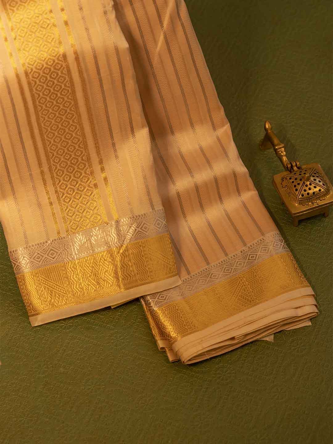 Men Pure Silk Coral Dhoti & Towel Set with 3" inch Gold Jari Border TK04