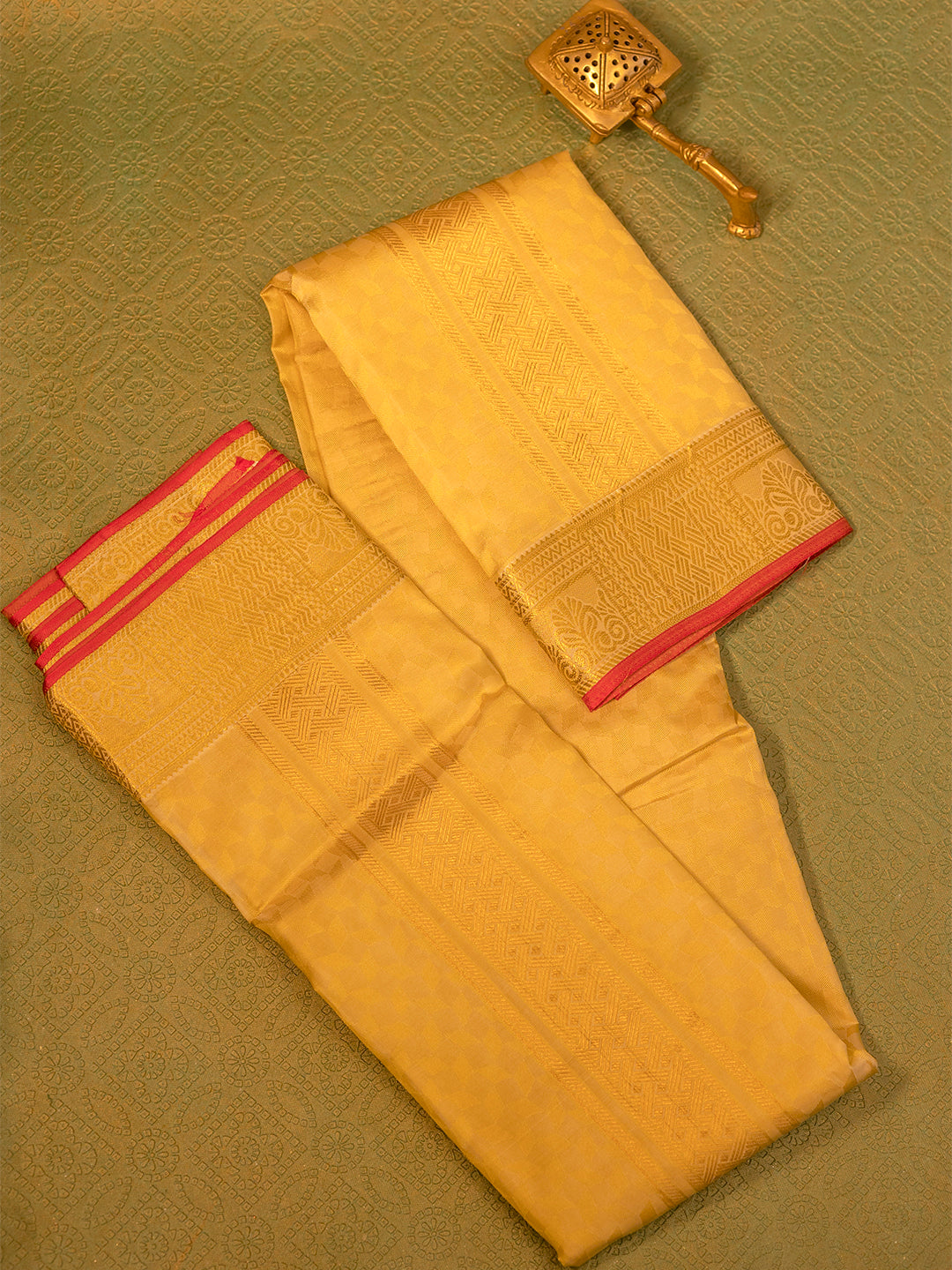 Men Pure Silk Gold Dhoti & Towel Set with 3" inch Gold Jari Border TK12