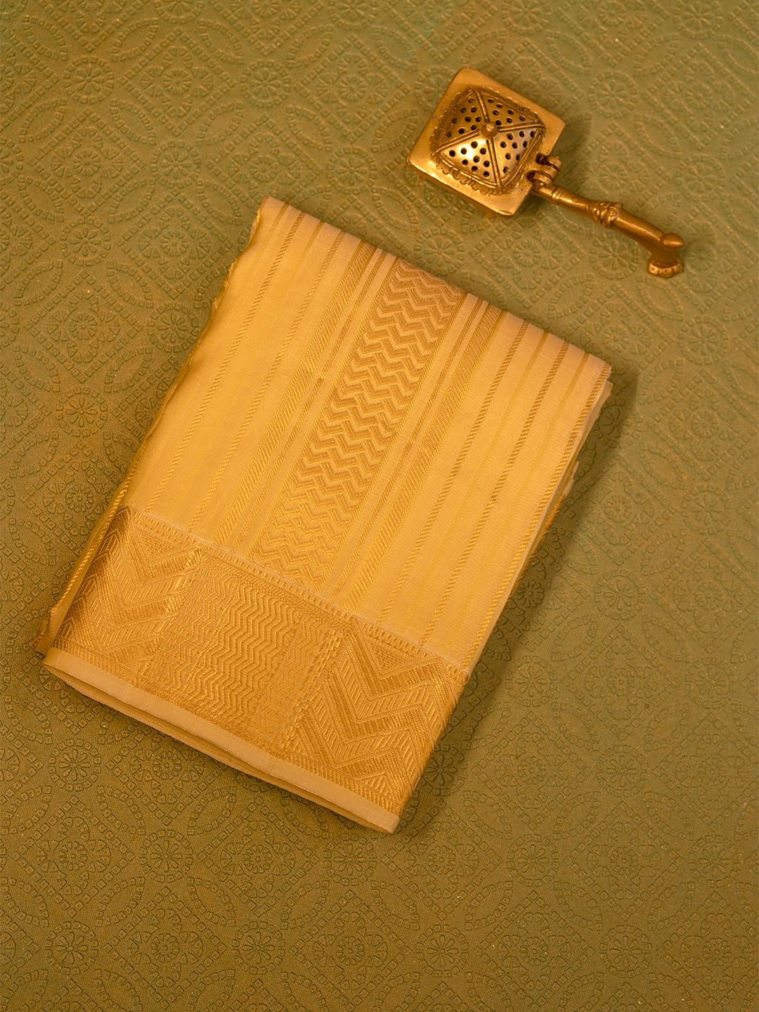 Men Pure Silk Gold Dhoti & Towel Set with 3" inch Gold Jari Border TK03