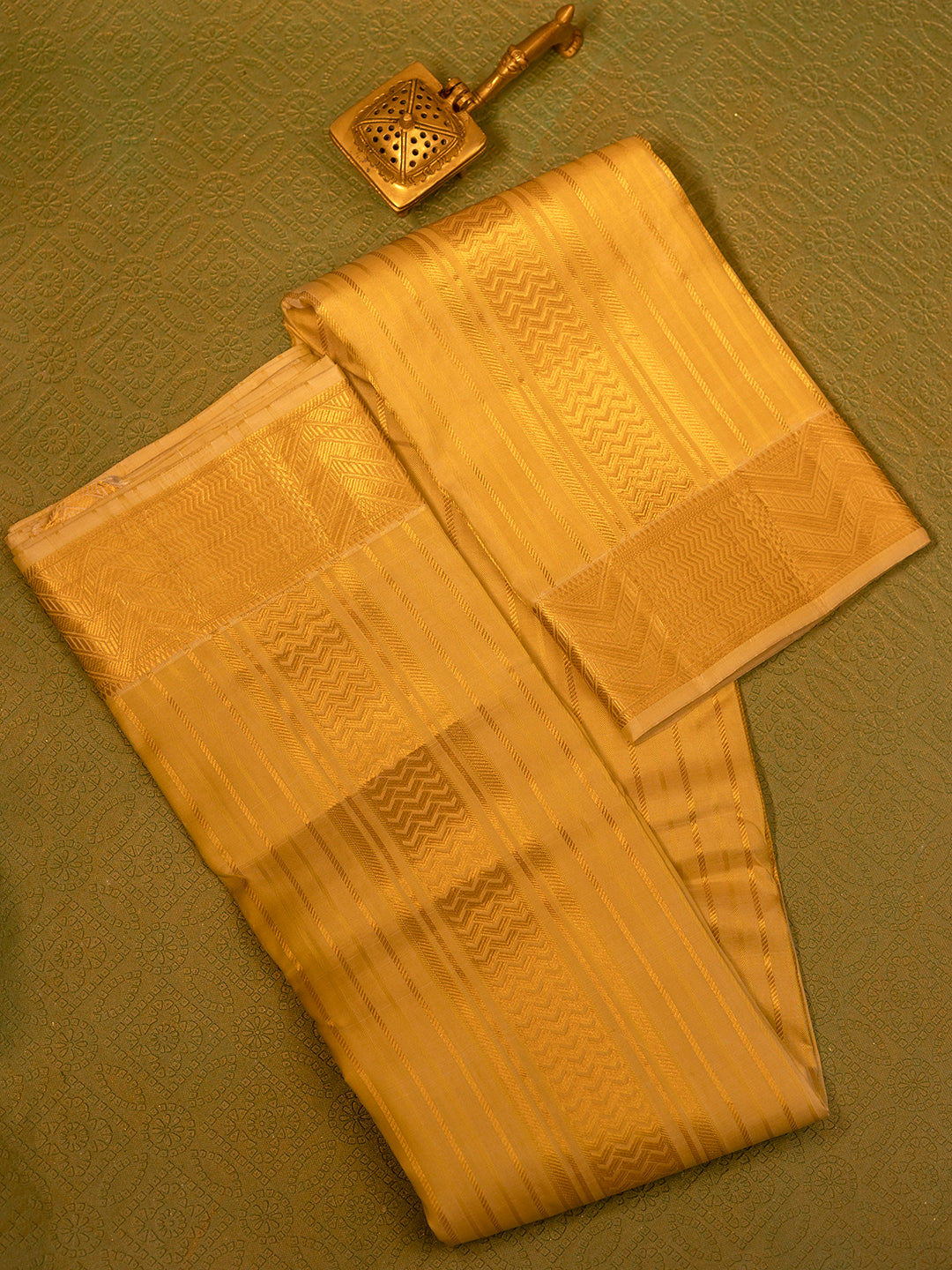 Men Pure Silk Gold Dhoti & Towel Set with 3" inch Gold Jari Border TK03