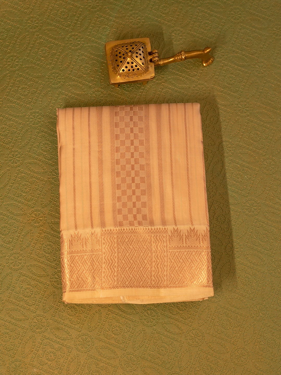 Men Pure Silk Light Rose Dhoti & Towel Set with 3" inch Gold Jari Border TK07