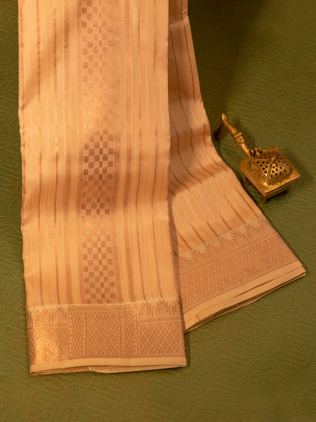 Men Pure Silk Light Rose Dhoti & Towel Set with 3" inch Gold Jari Border TK07