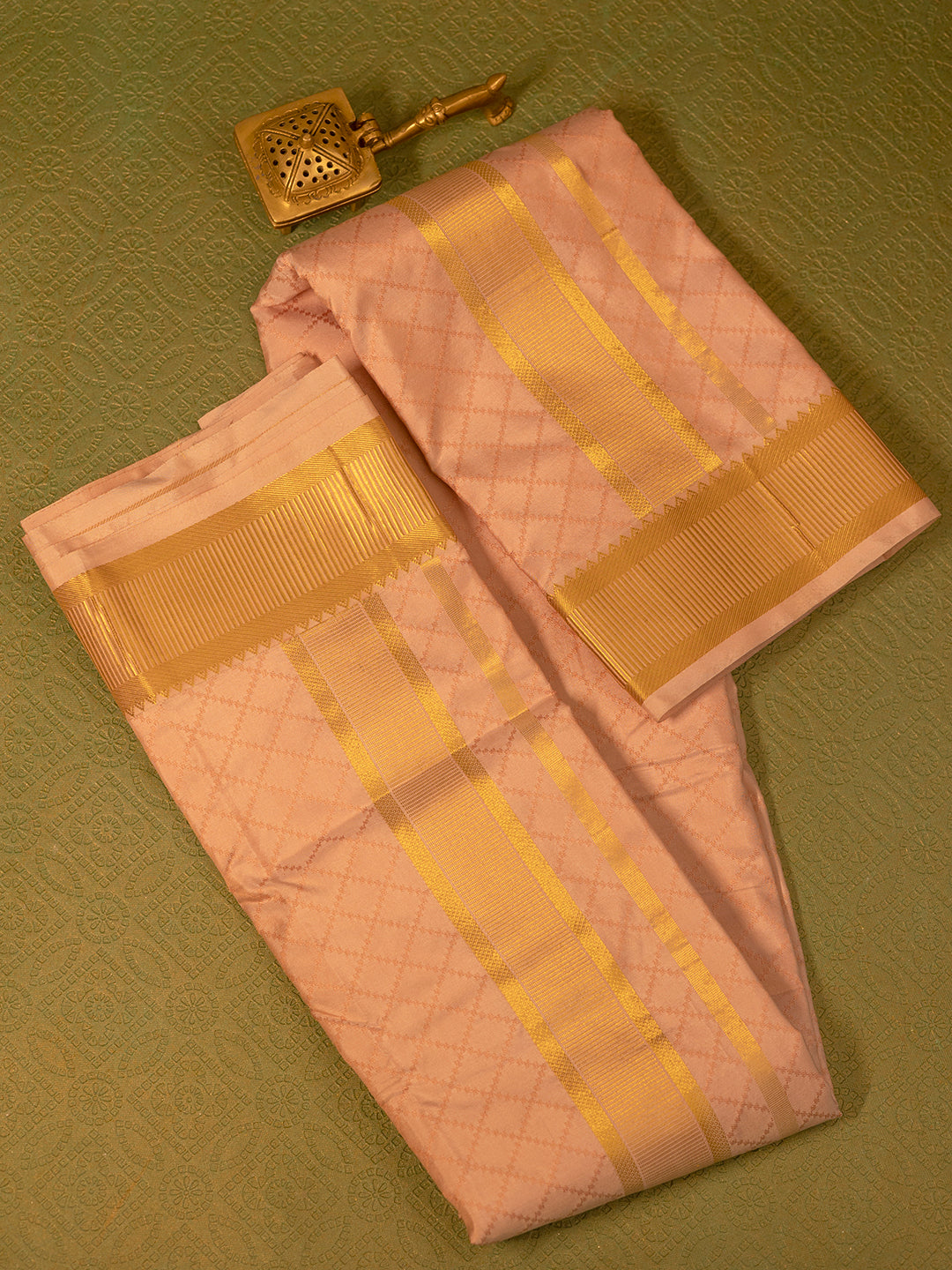 Men Pure Silk Light Copper Dhoti & Towel Set with 3" inch Fancy Jari Border TK10