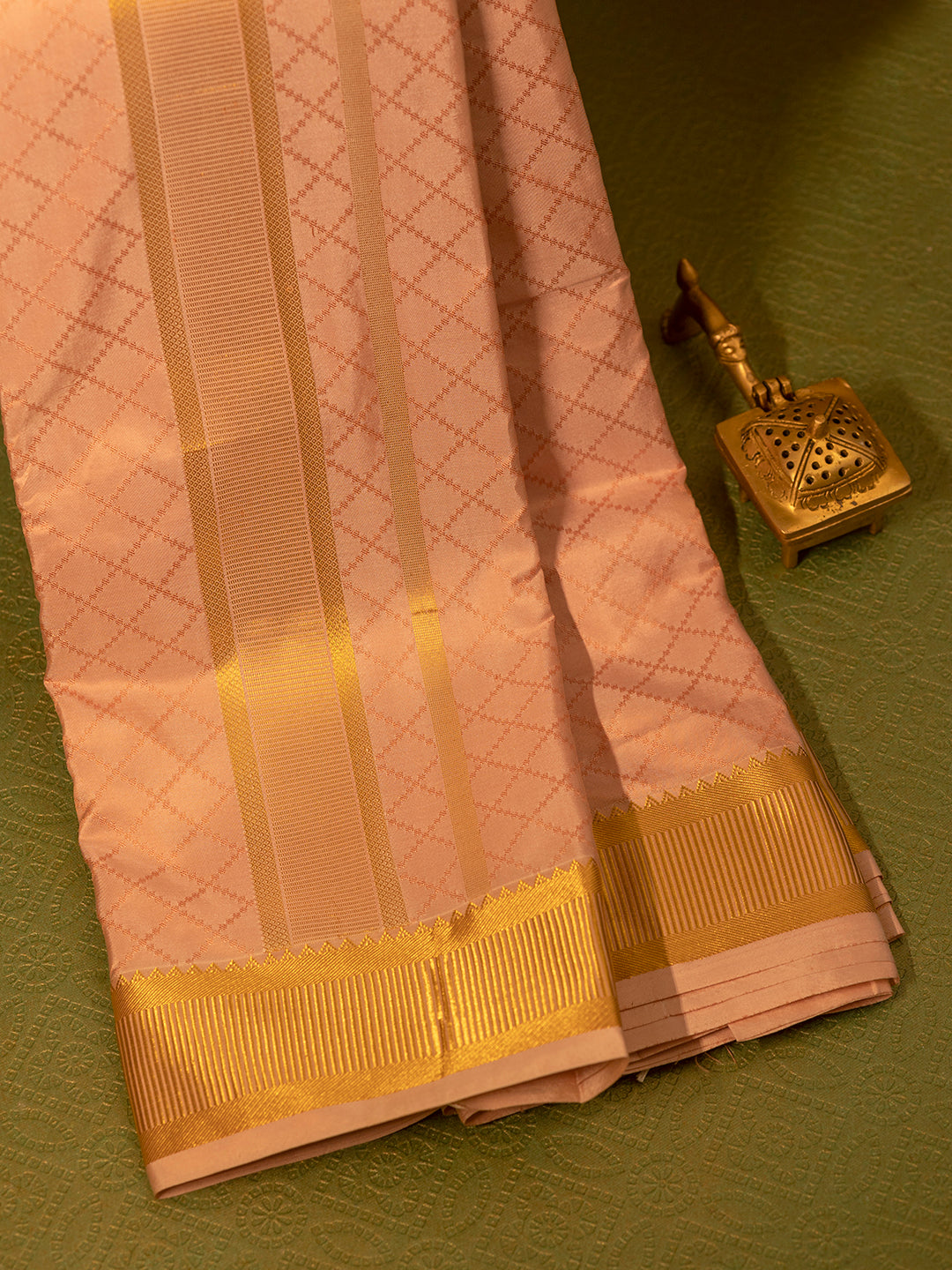 Men Pure Silk Light Copper Dhoti & Towel Set with 3" inch Fancy Jari Border TK10