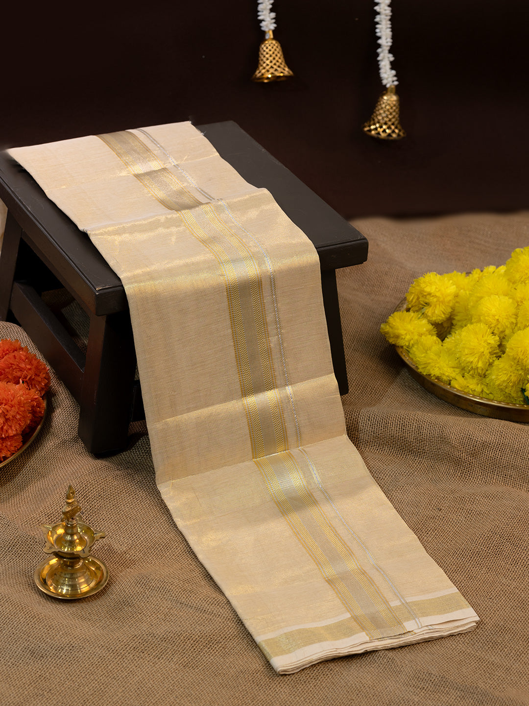 Men Premium Handloom Gold Dhoti with Jari Border HLM46
