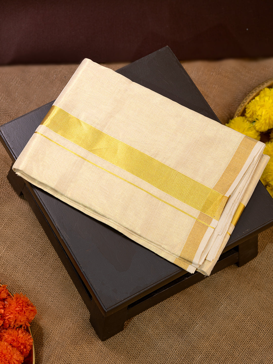 Men Premium Handloom Gold Dhoti with Jari Border HLM60