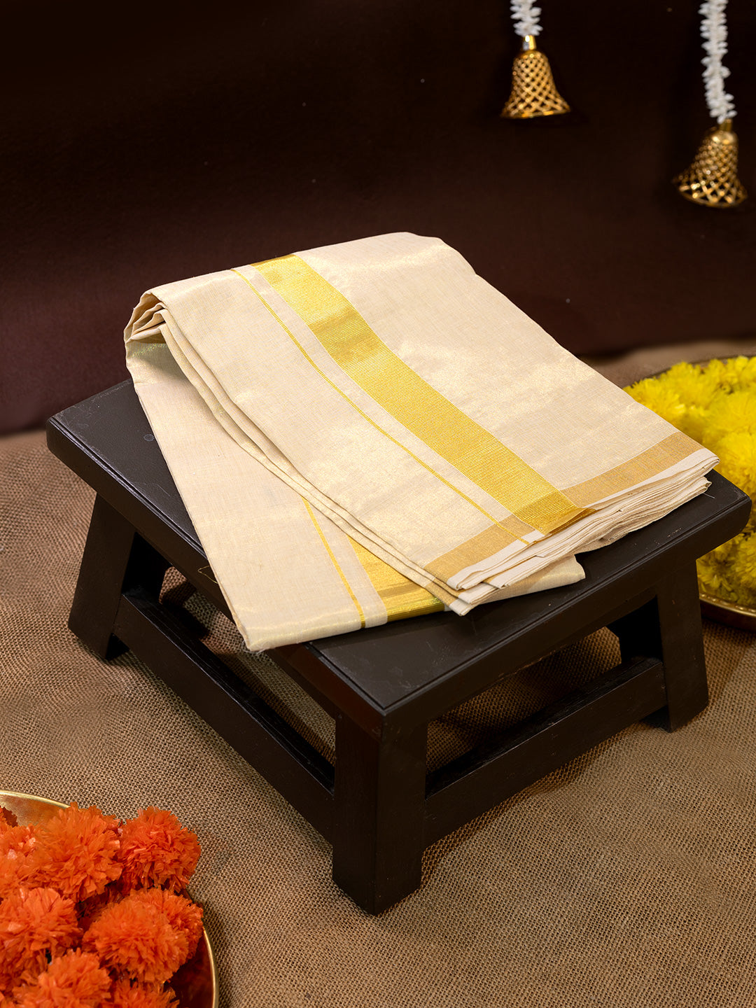 Men Premium Handloom Gold Dhoti with Jari Border HLM60