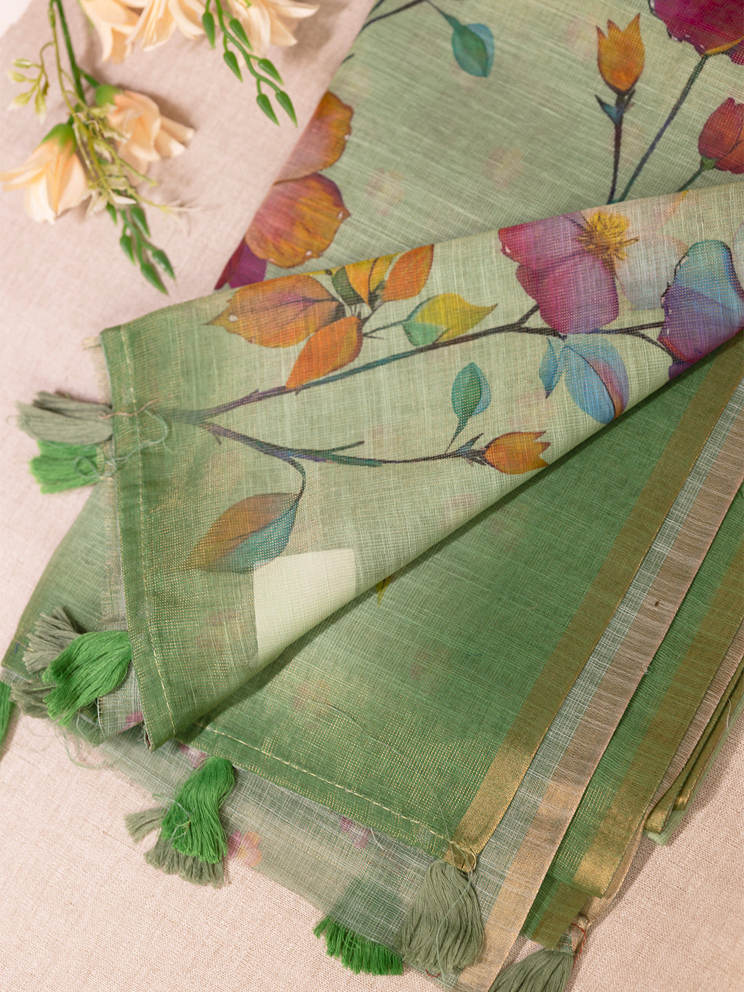 Women Green Tissue Printed Saree TS31