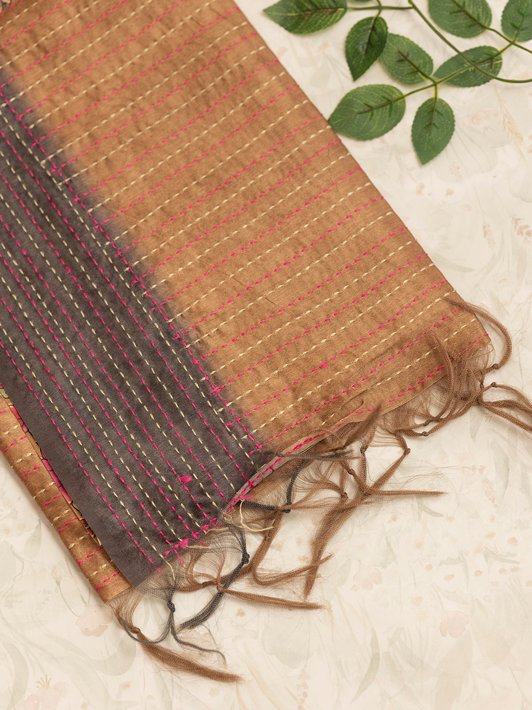 Women Brown Flower Printed Semi Tussar Saree ST233