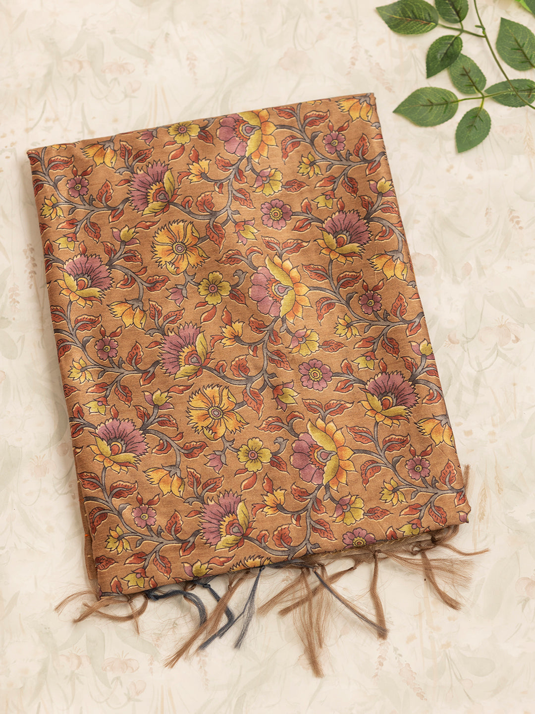 Women Golden Brown Printed Semi Tussar Saree ST232