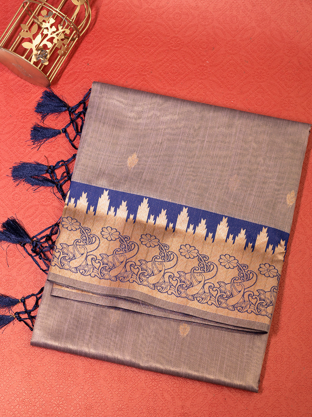 Women Purple Tissue Saree with Navy Embroidered Border TS18