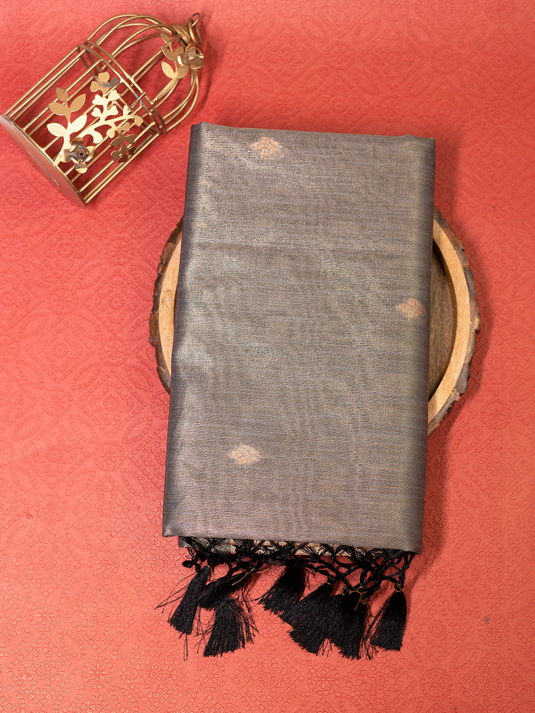 Women Green Tissue Saree with Black Embroidered Border TS17