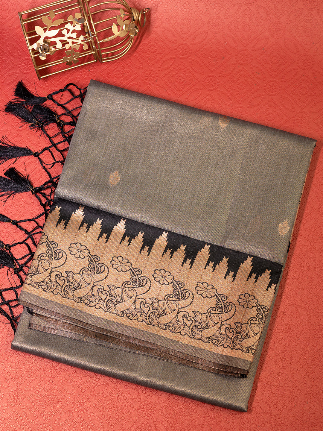 Women Green Tissue Saree with Black Embroidered Border TS17