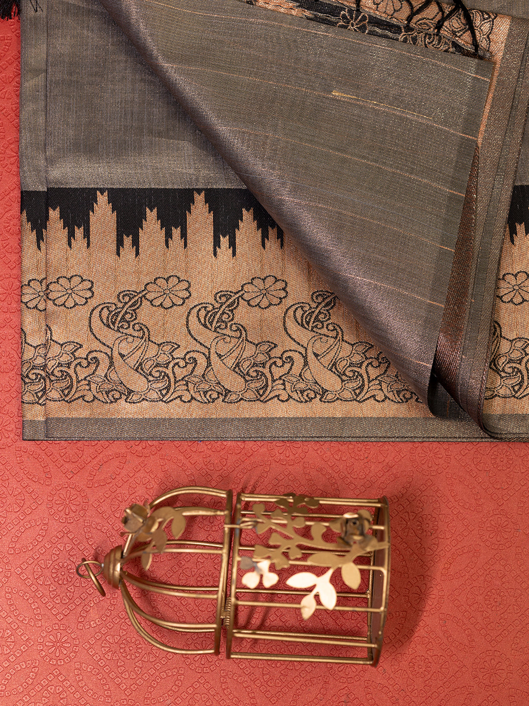 Women Green Tissue Saree with Black Embroidered Border TS17