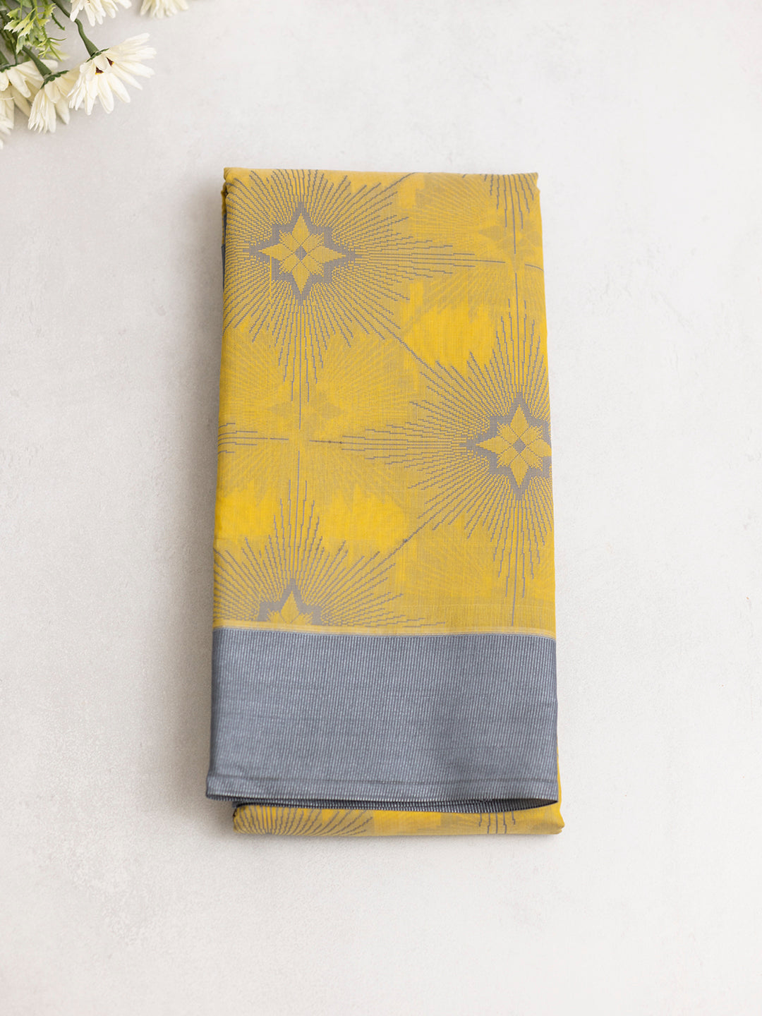 Women Yellow with Grey Semi Kora Cotton Saree SK97