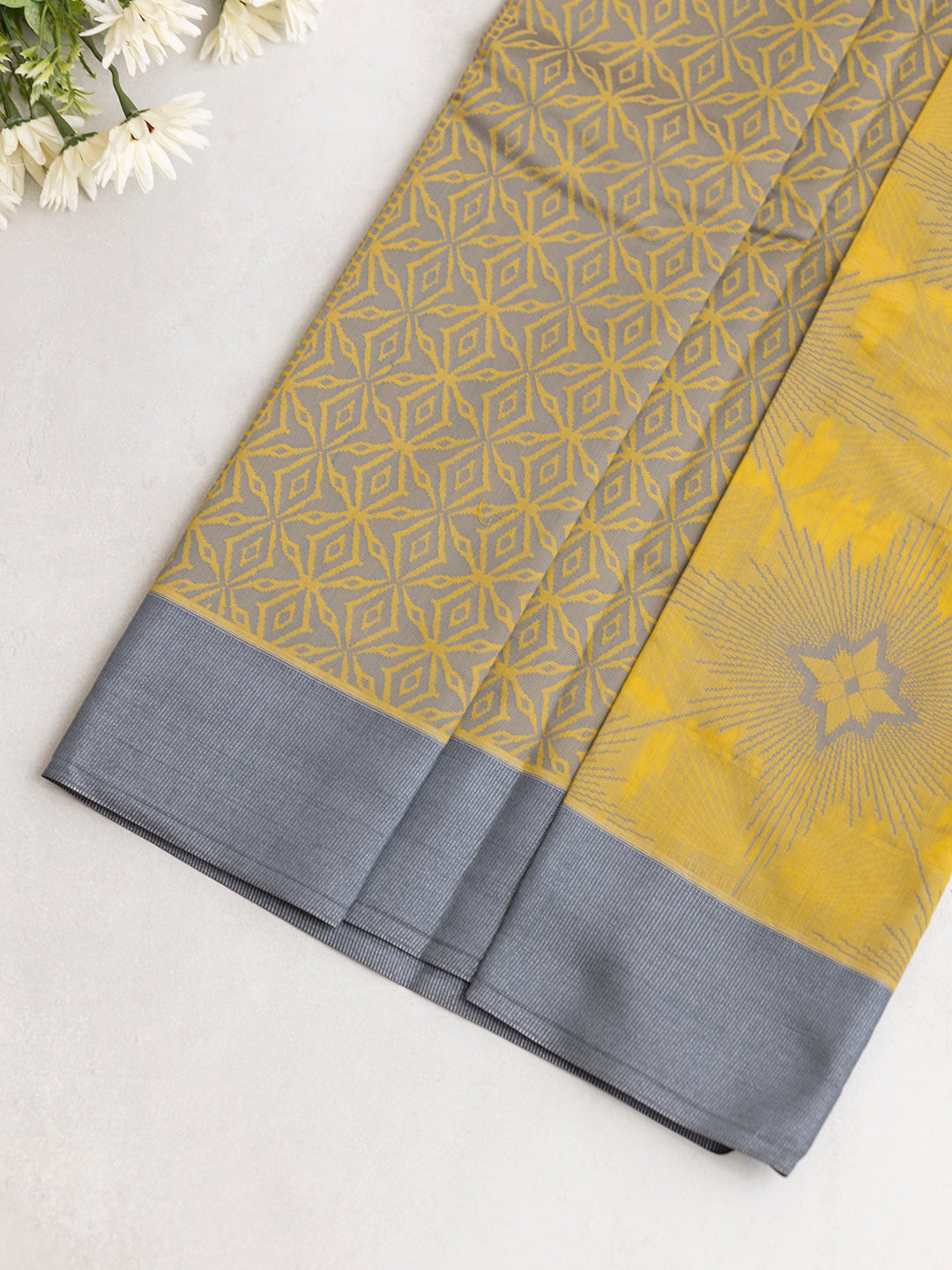Women Yellow with Grey Semi Kora Cotton Saree SK97