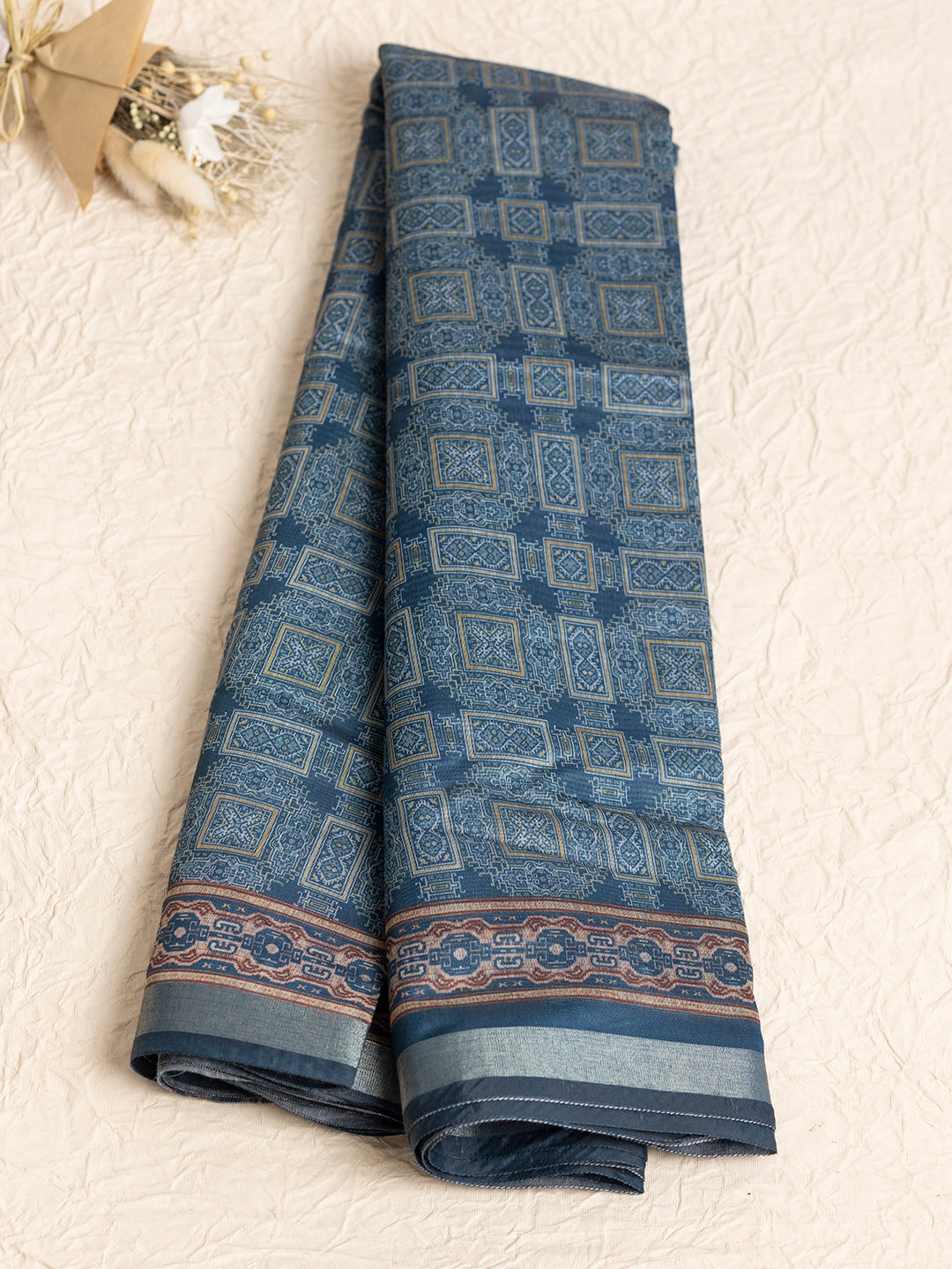 Women Dark Blue Semi Chanderi Cotton Printed Saree SC57