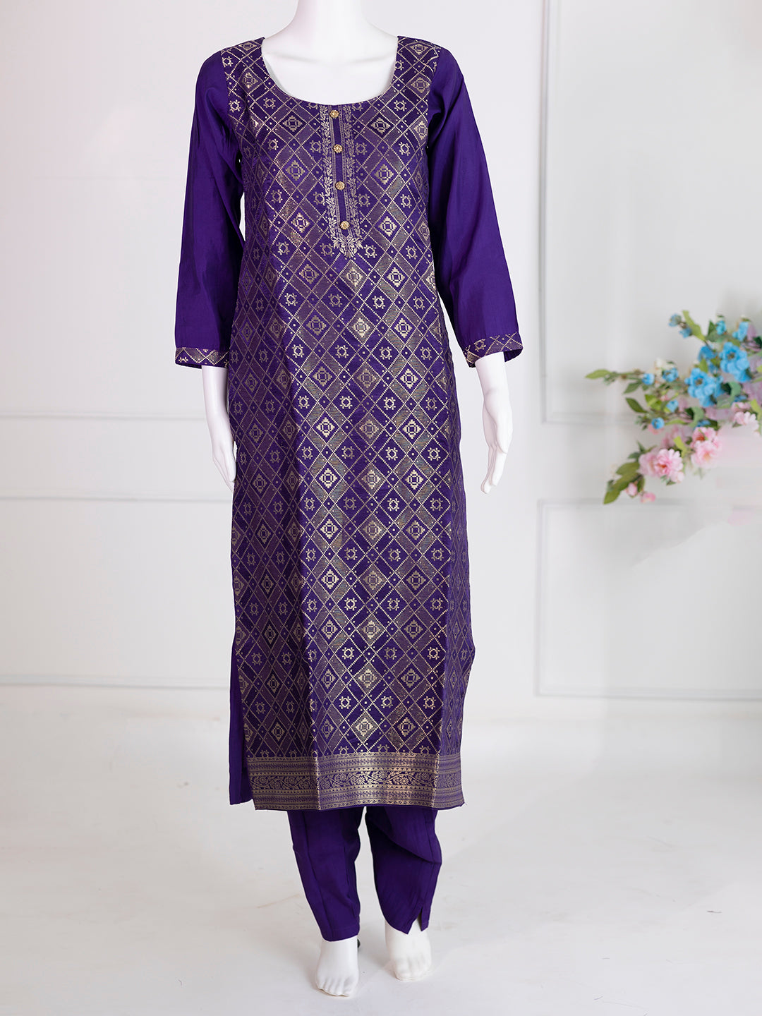 Women Silky Crush Embroidered Kurti Set Violet EKS81