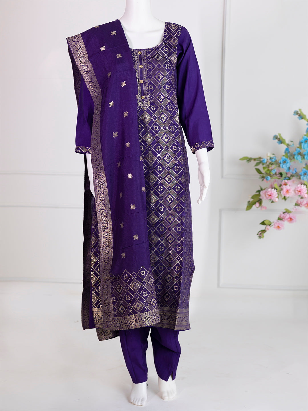 Women Silky Crush Embroidered Kurti Set Violet EKS81