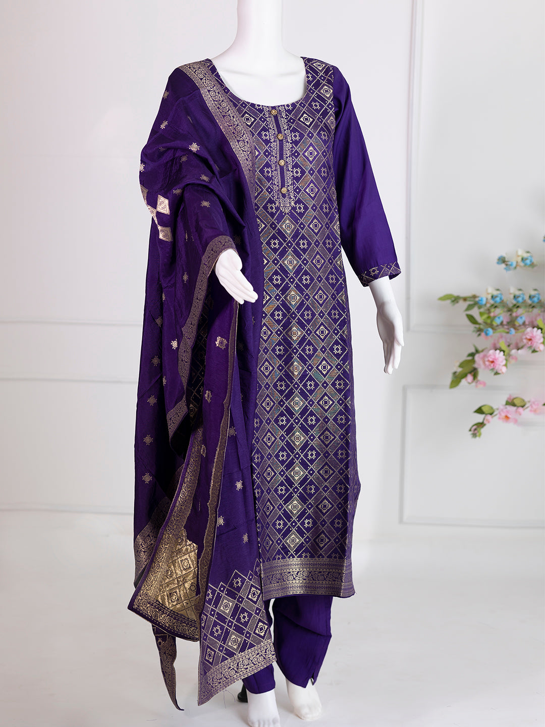 Women Silky Crush Embroidered Kurti Set Violet EKS81