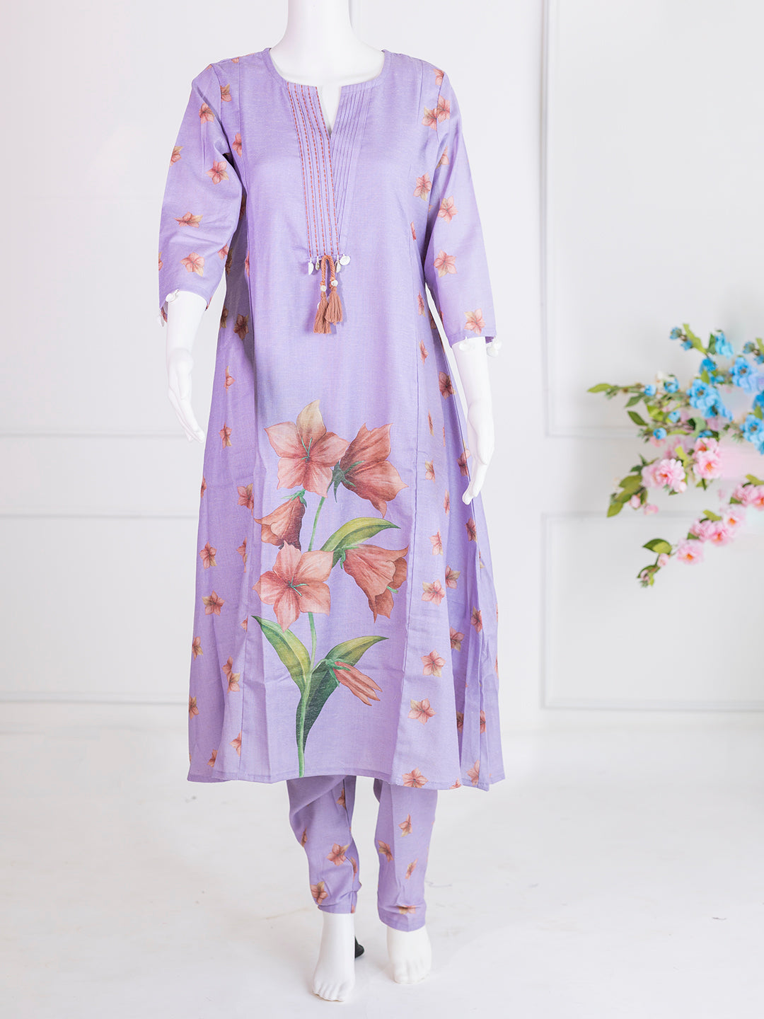 Women Lavender Premium Cotton Printed Kurti Set EKS76