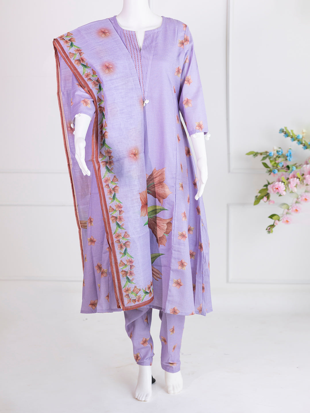 Women Lavender Premium Cotton Printed Kurti Set EKS76