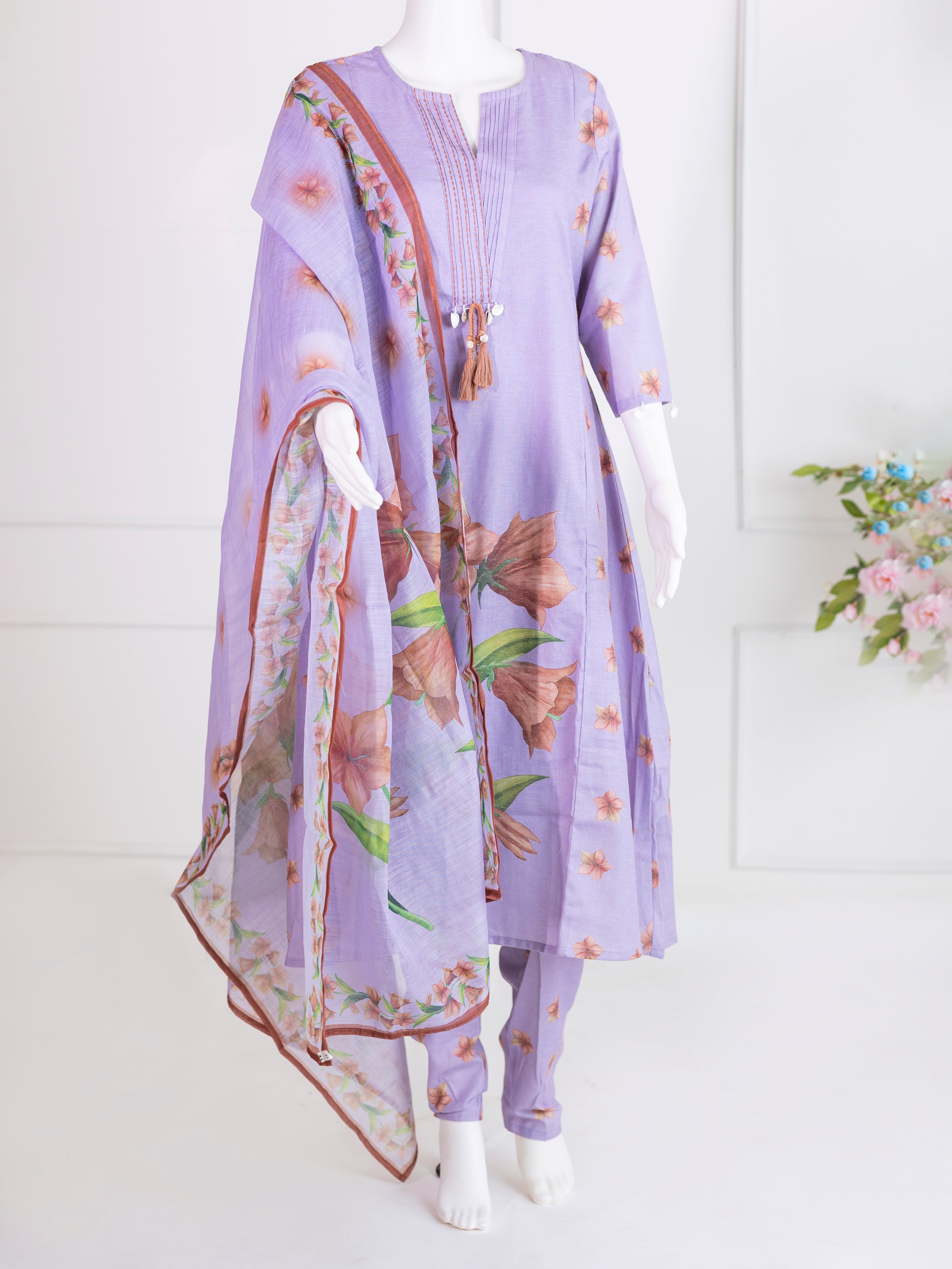 Women Lavender Premium Cotton Printed Kurti Set EKS76