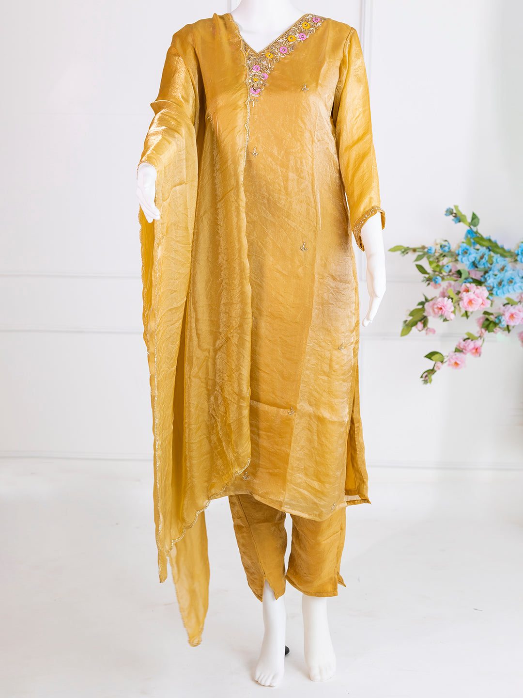 Women Silky Crush Embroidered Kurti Set Gold EKS74