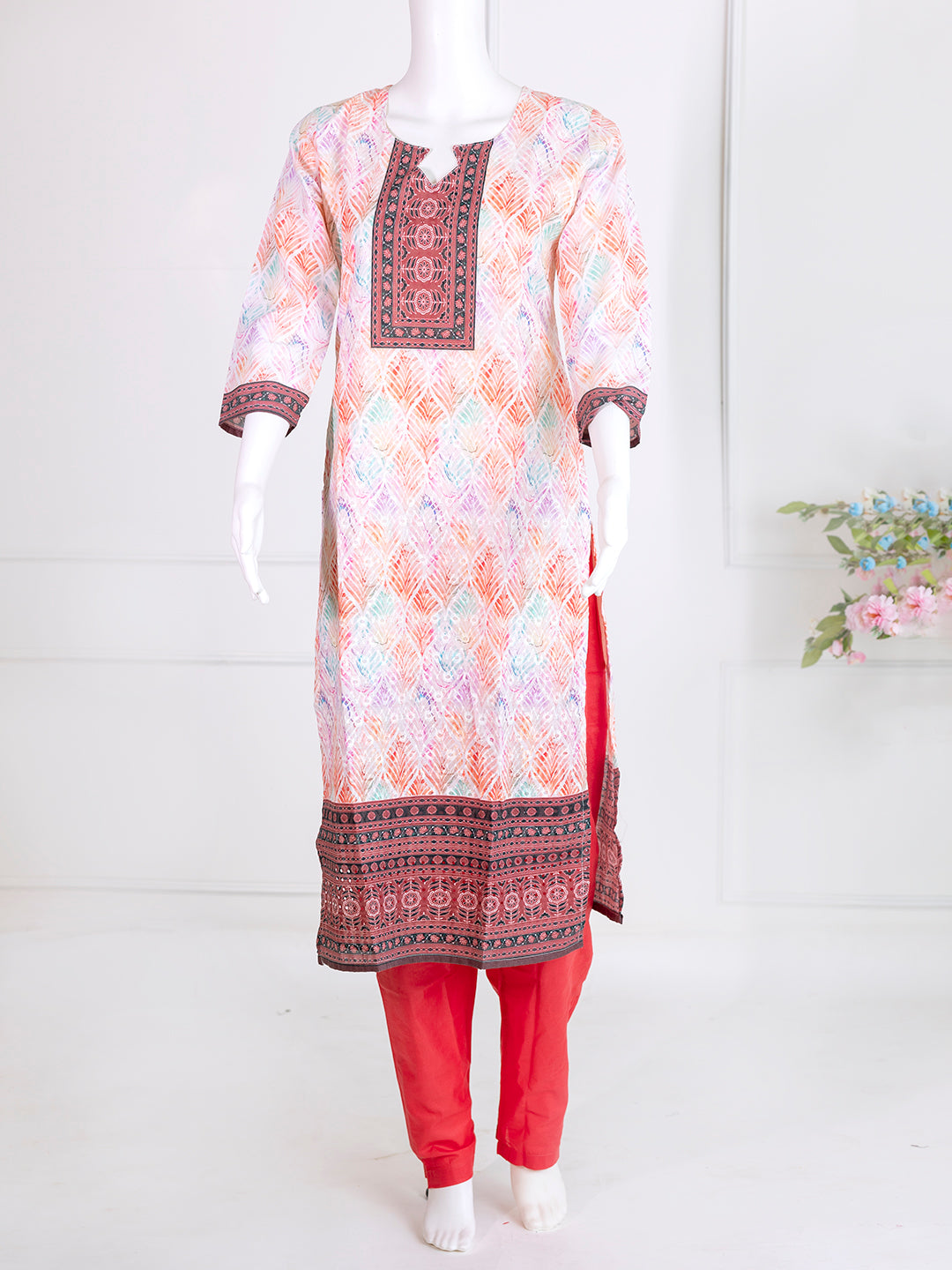 Women Orange Cotton Printed Kurti Set EKS80