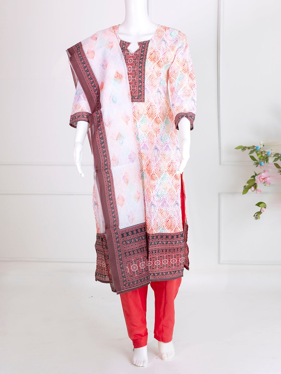 Women Orange Cotton Printed Kurti Set EKS80