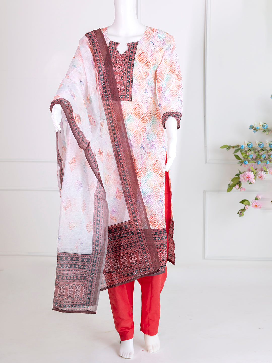 Women Orange Cotton Printed Kurti Set EKS80