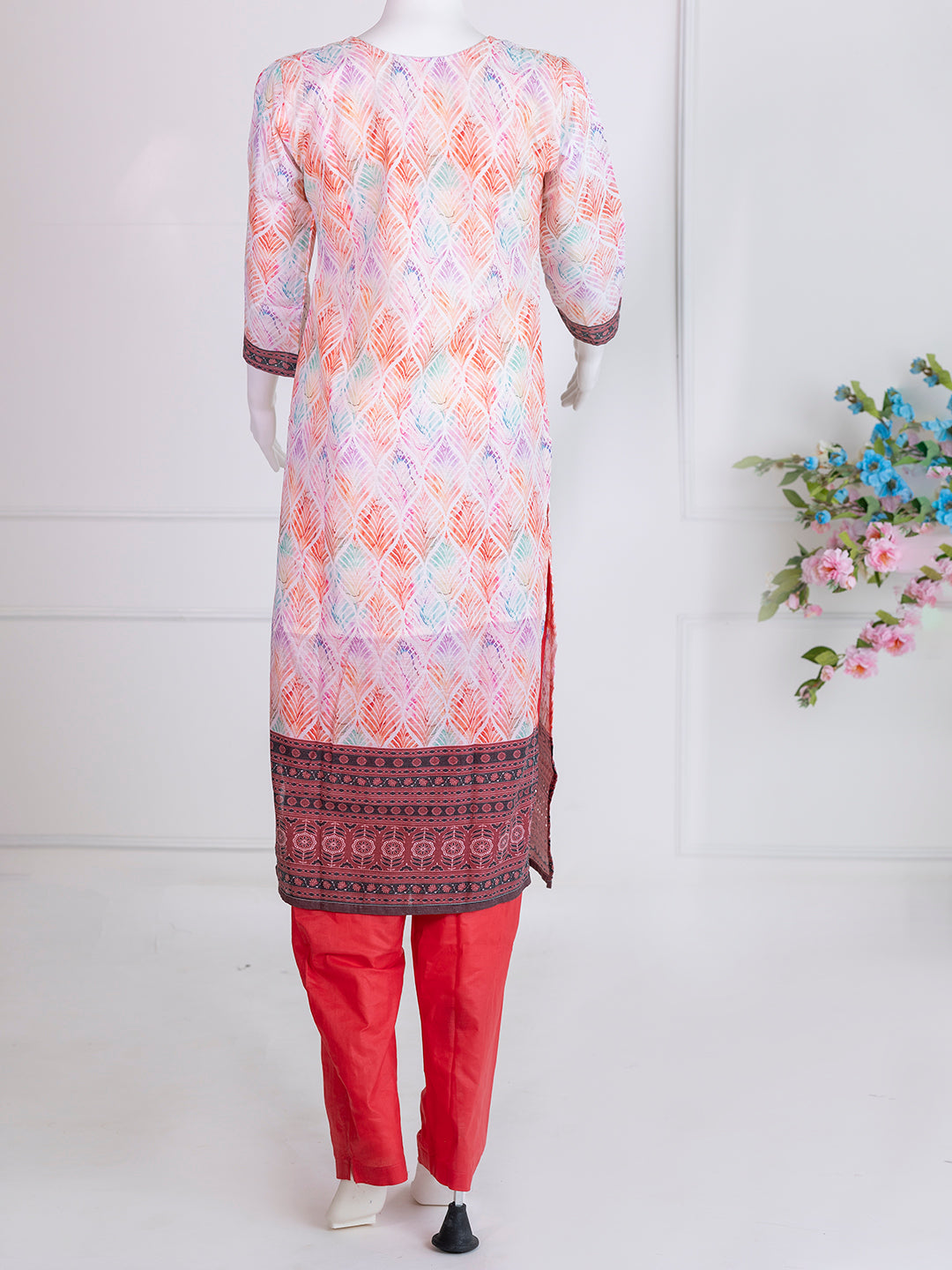 Women Orange Cotton Printed Kurti Set EKS80