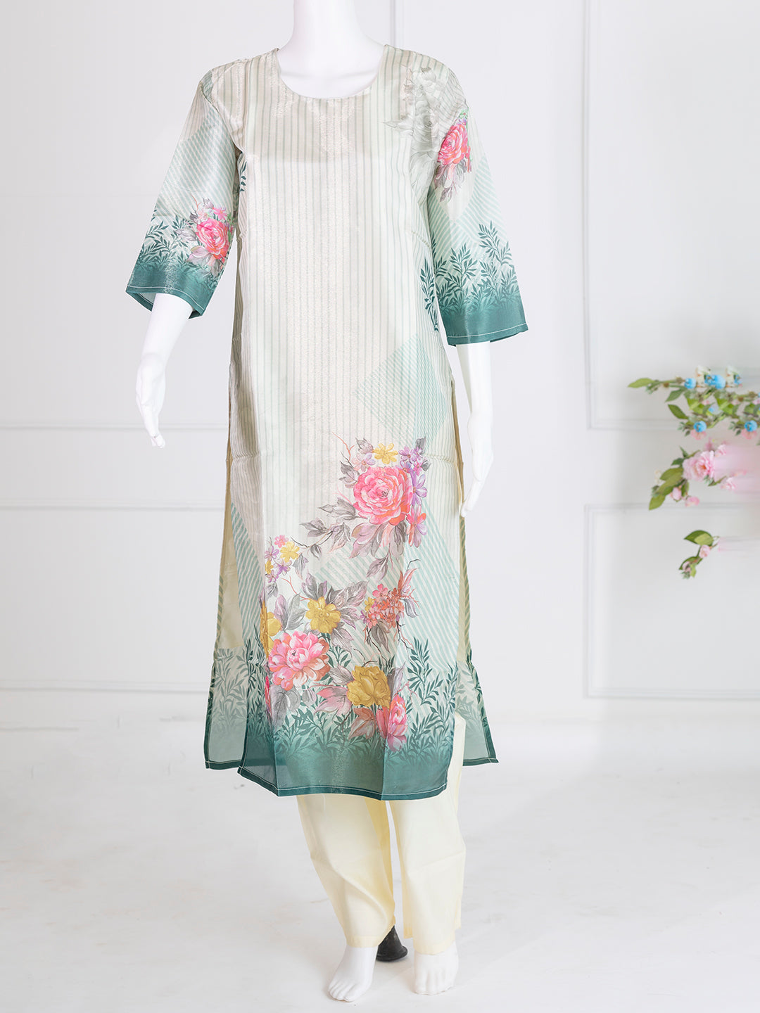 Women Green Art Silk Stripes Designed Kurti Set EKS78