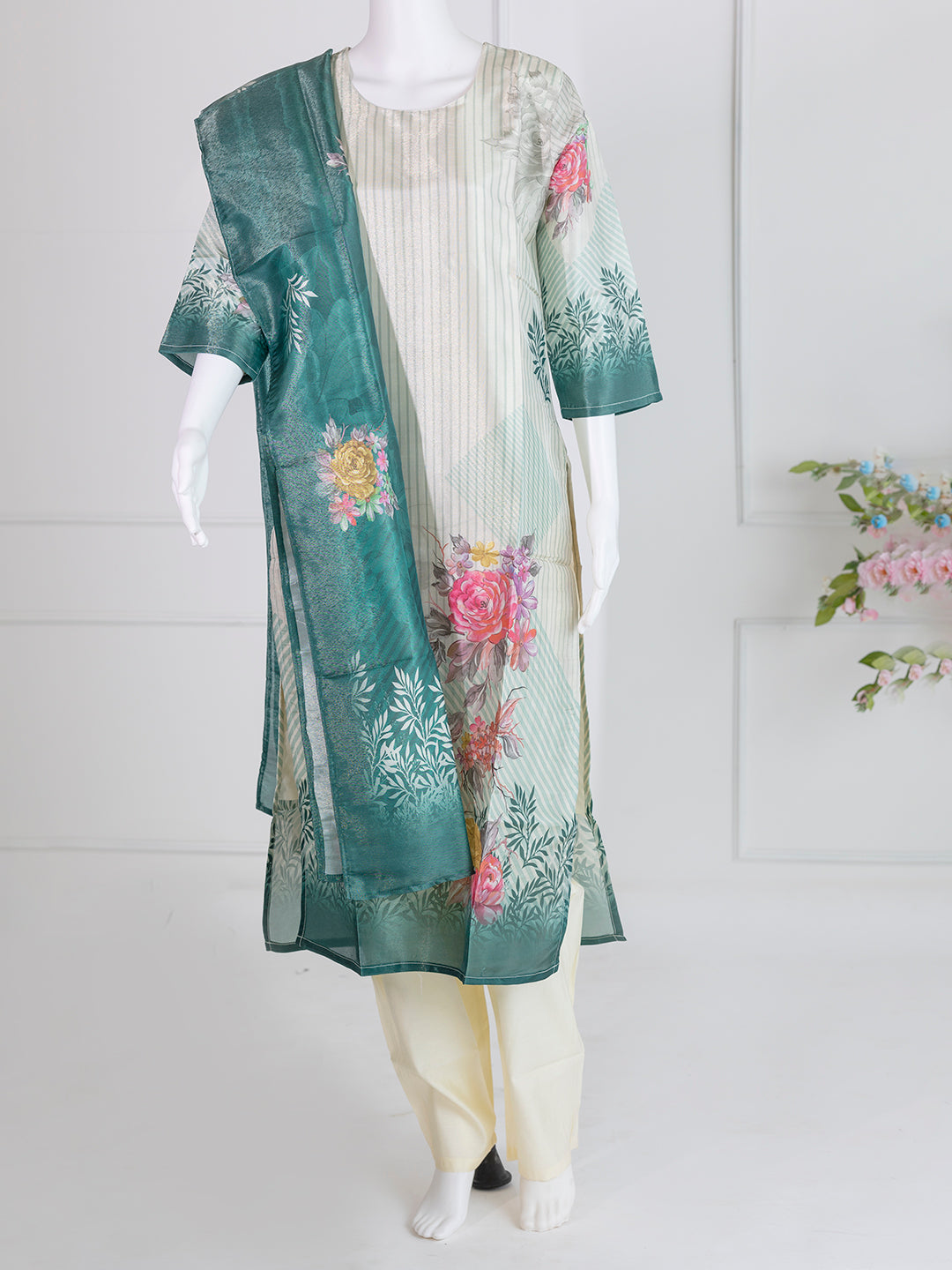 Women Green Art Silk Stripes Designed Kurti Set EKS78