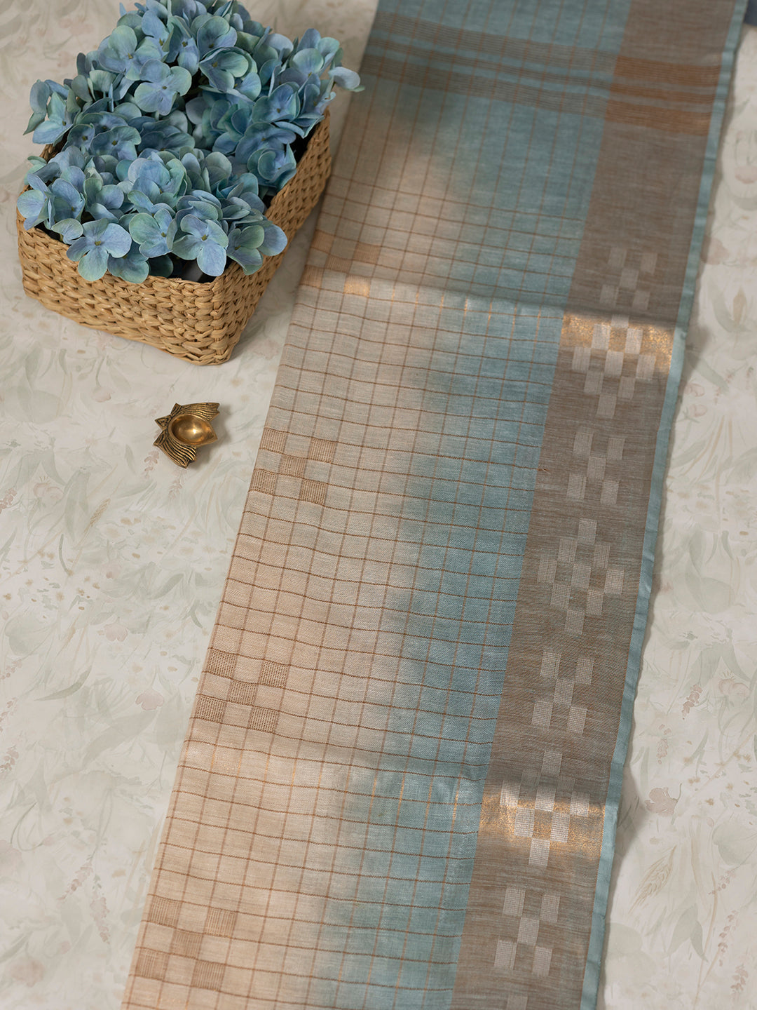 Women Blue Semi Linen Checked Saree SL204