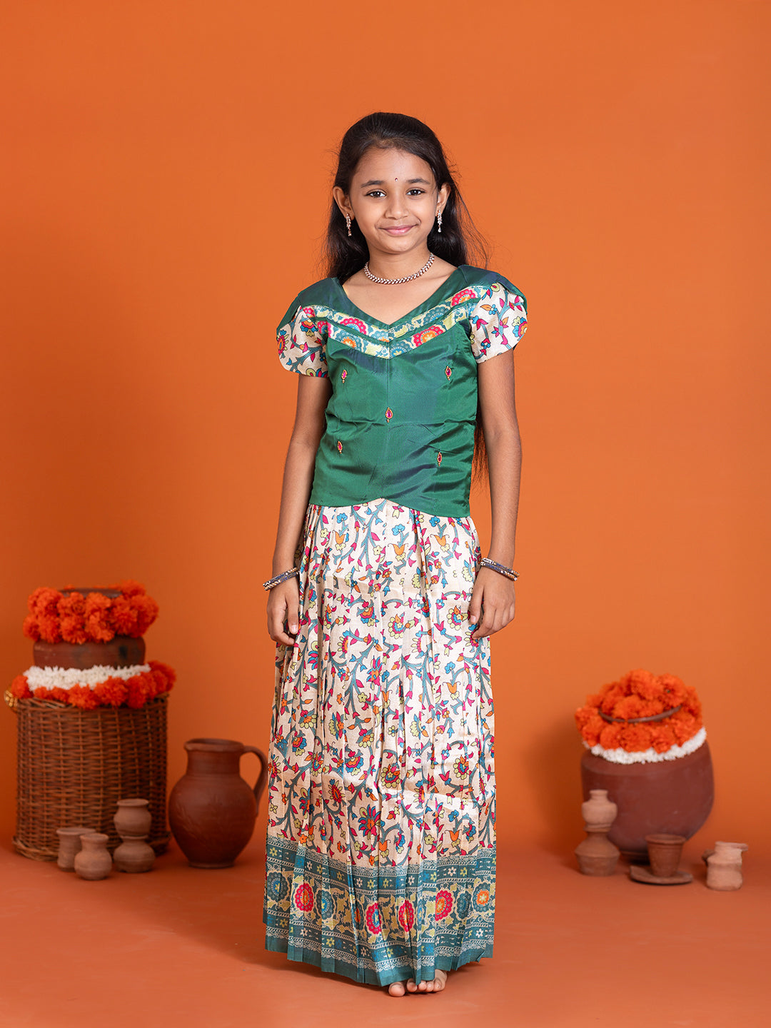 Girls Pattu Pavadai Set Green with Sandal Traditional Ethnic Wear GPS36
