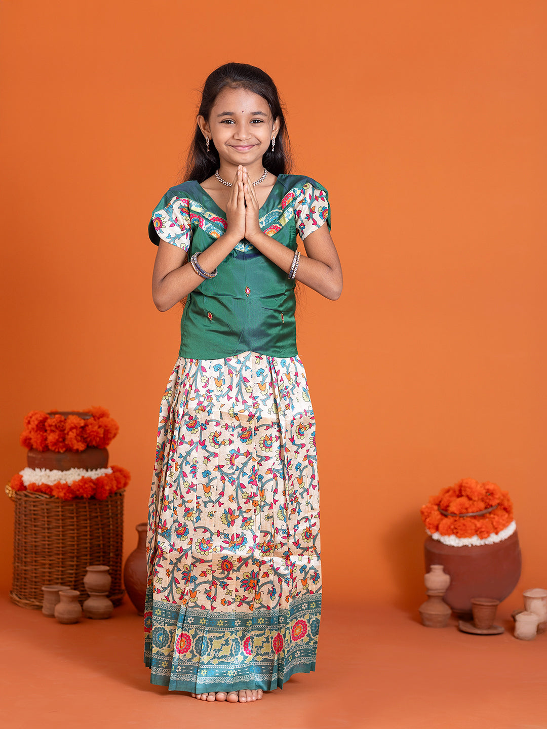 Girls Pattu Pavadai Set Green with Sandal Traditional Ethnic Wear GPS36