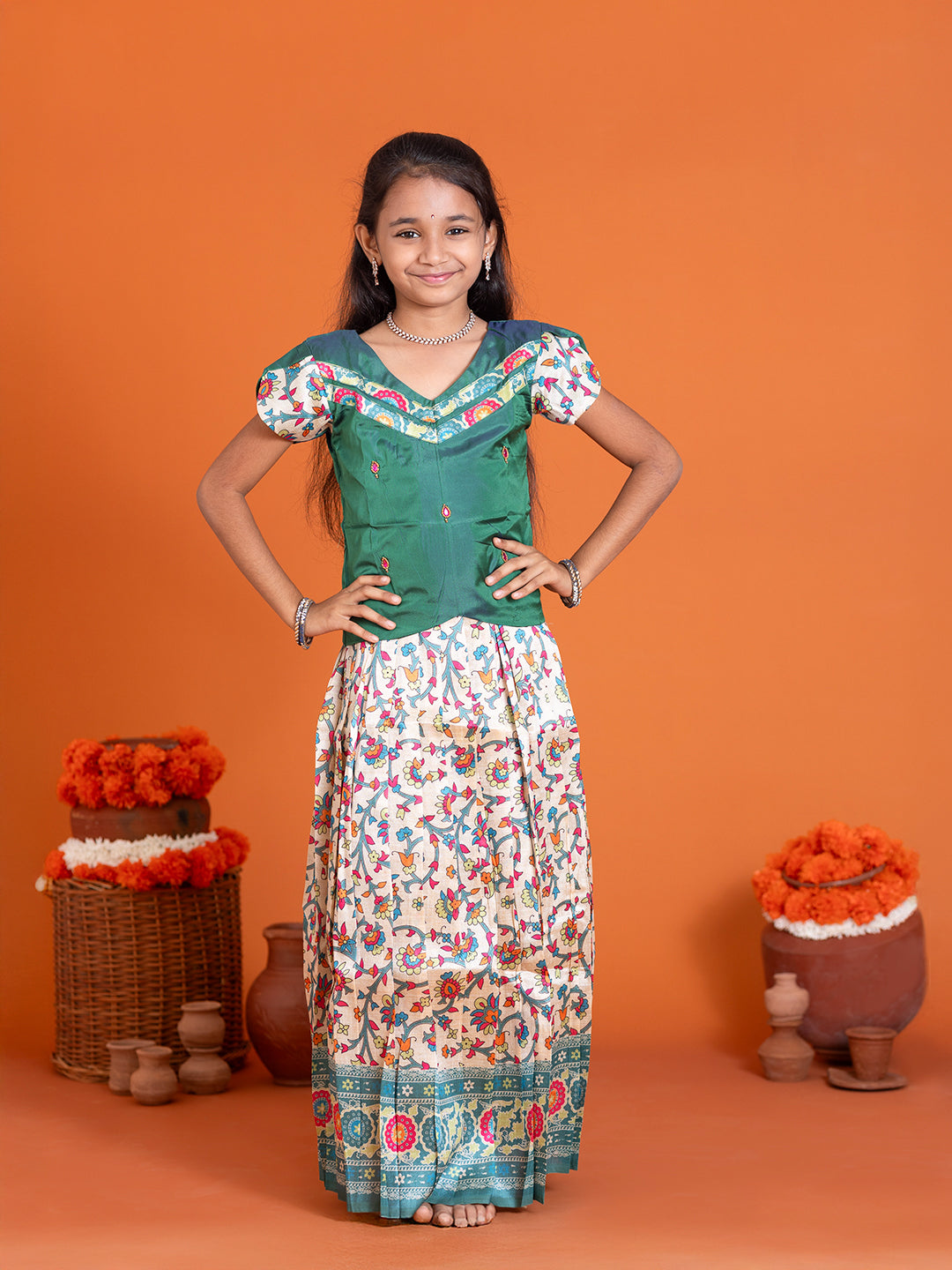 Girls Pattu Pavadai Set Green with Sandal Traditional Ethnic Wear GPS36