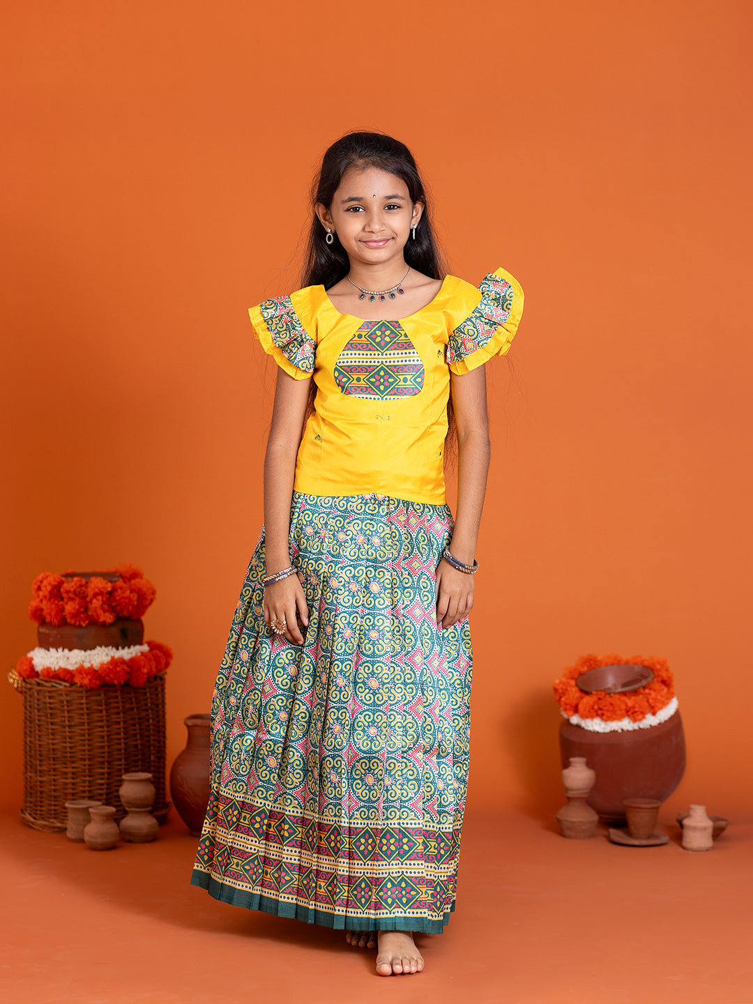 Girls Pattu Pavadai Set Yellow with Green Traditional Ethnic Wear GPS38
