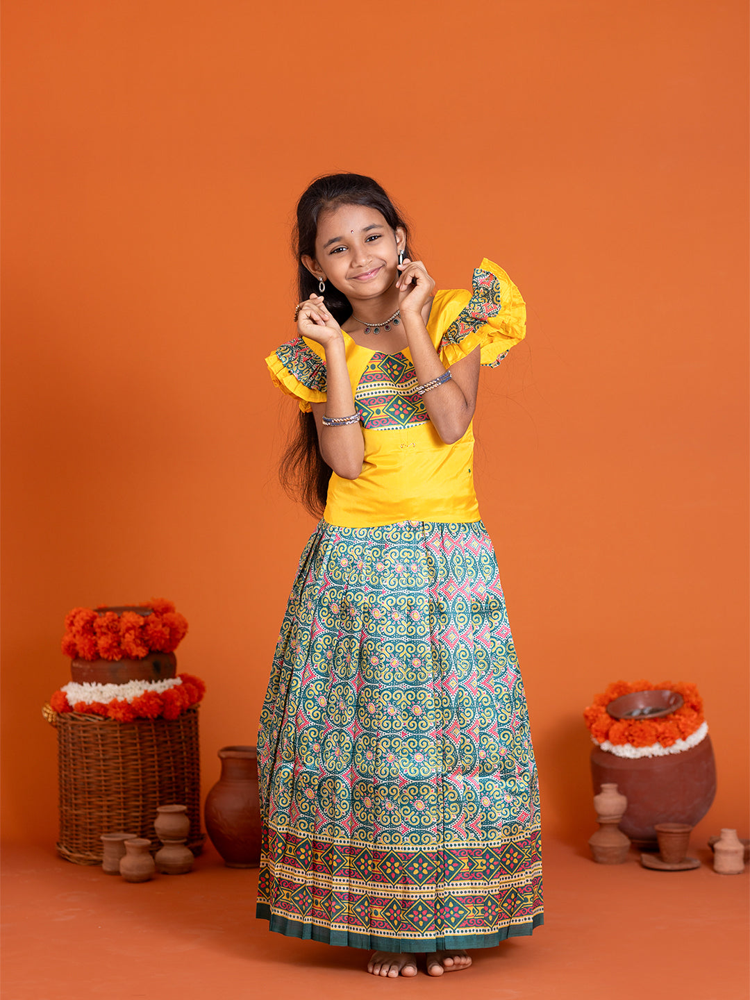 Girls Pattu Pavadai Set Yellow with Green Traditional Ethnic Wear GPS38