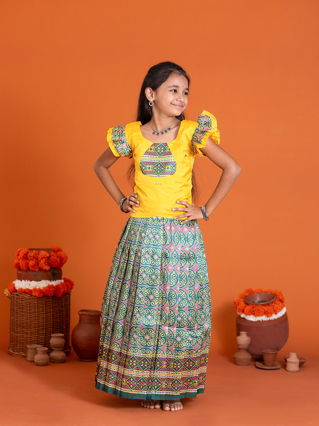Girls Pattu Pavadai Set Yellow with Green Traditional Ethnic Wear GPS38