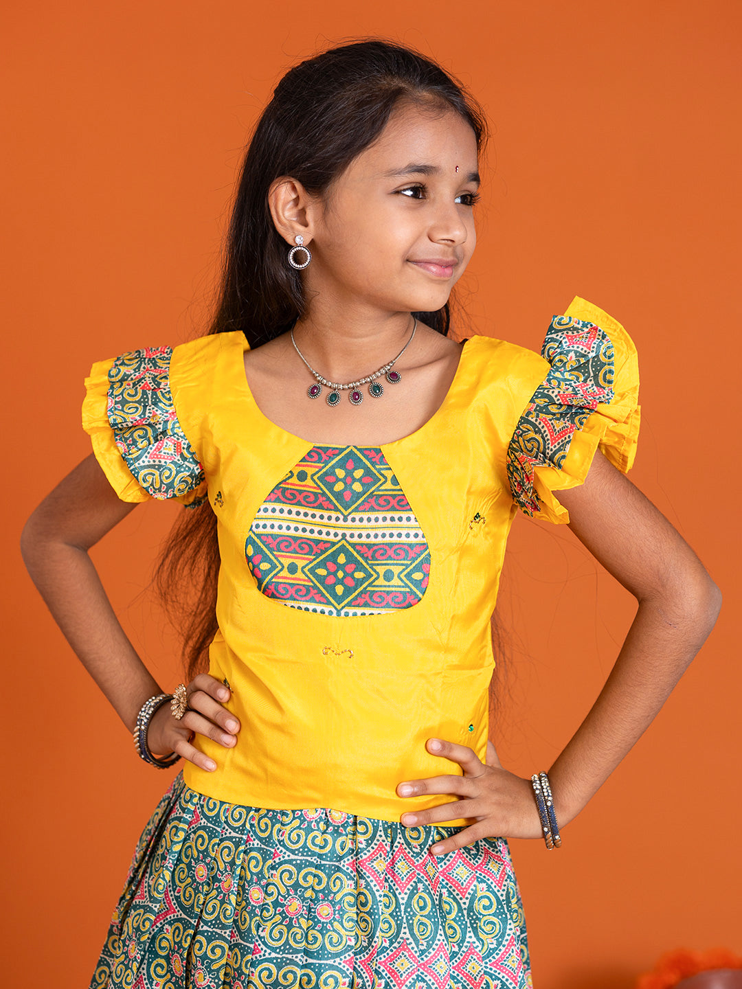Girls Pattu Pavadai Set Yellow with Green Traditional Ethnic Wear GPS38
