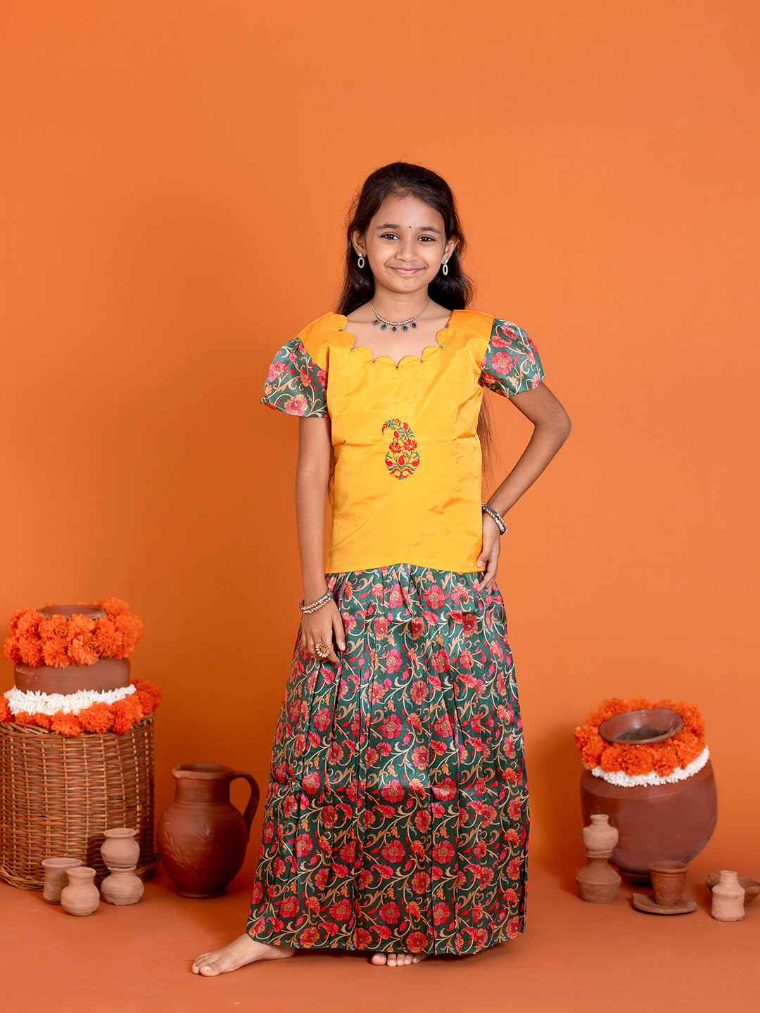 Girls Pattu Pavadai Set Yellow with Green Traditional Ethnic Wear GPS31