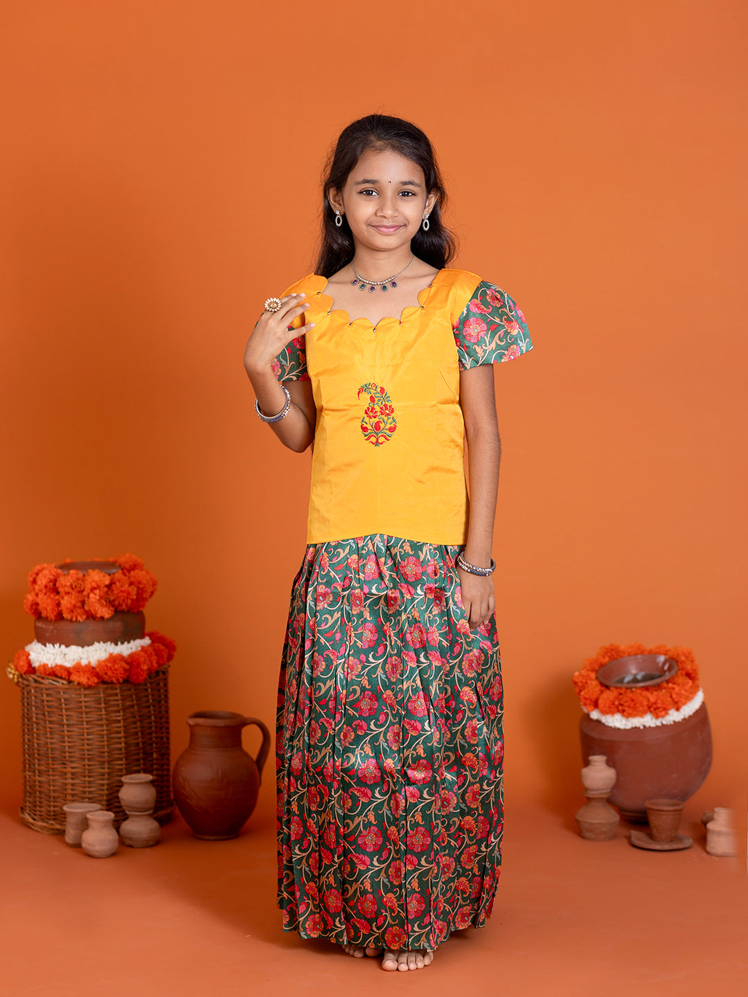 Girls Pattu Pavadai Set Yellow with Green Traditional Ethnic Wear GPS31