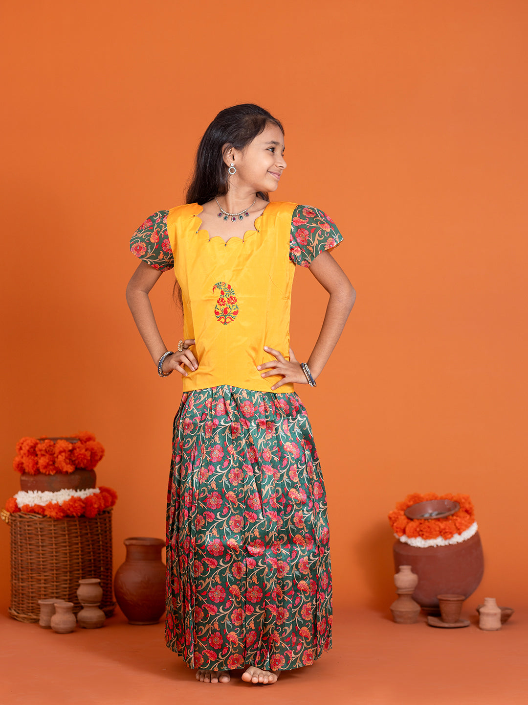 Girls Pattu Pavadai Set Yellow with Green Traditional Ethnic Wear GPS31
