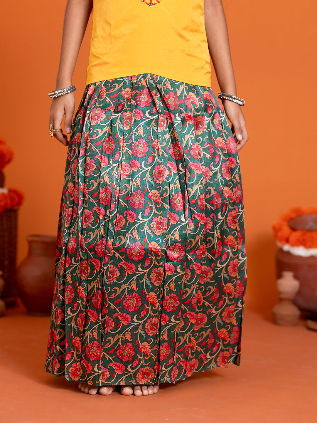 Girls Pattu Pavadai Set Yellow with Green Traditional Ethnic Wear GPS31