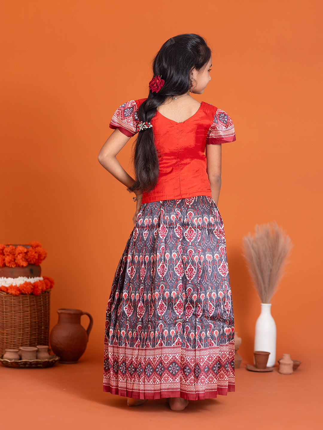 Girls Pattu Pavadai Set Red with Grey Traditional Ethnic Wear GPS30